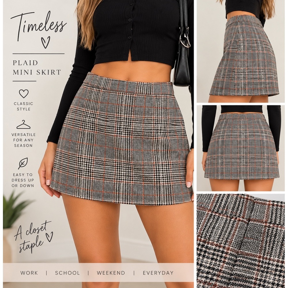 Womens Grey Plaid Mini Skirt High Waisted A-Line Glen Check Academic Size S